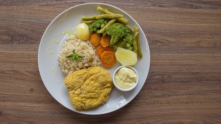 Comida saludable con arroz, pollo y verduras